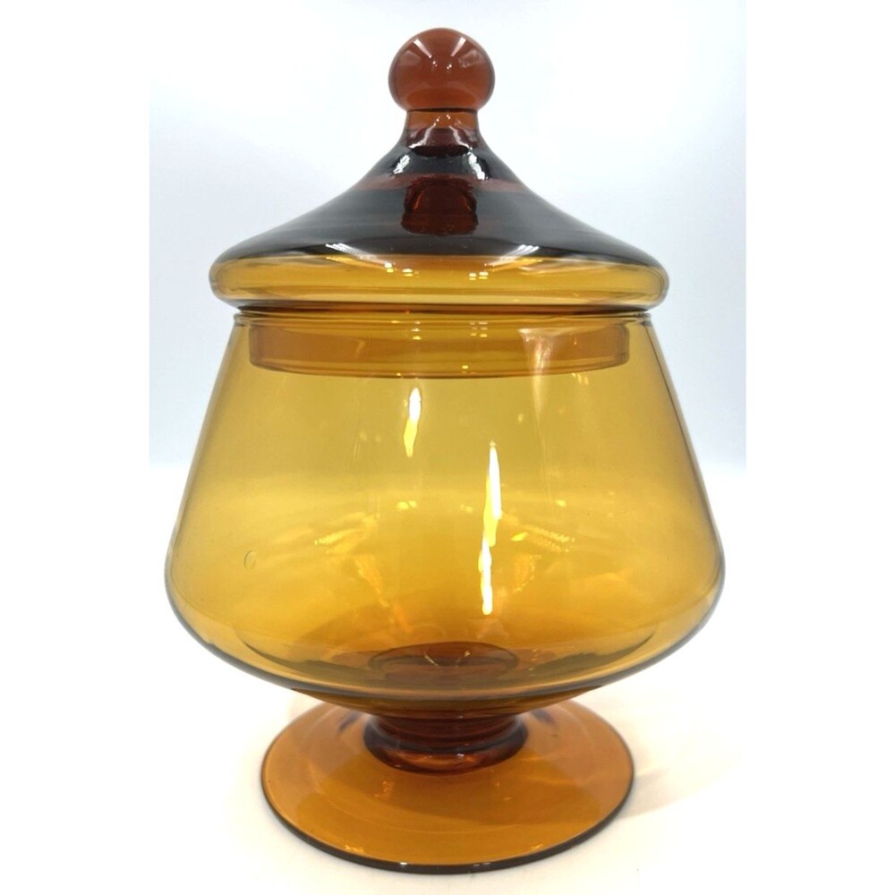 Vintage Amber Apothecary Jar Hand Blown Glass MCM Empoli Italy Circus Tent Lid